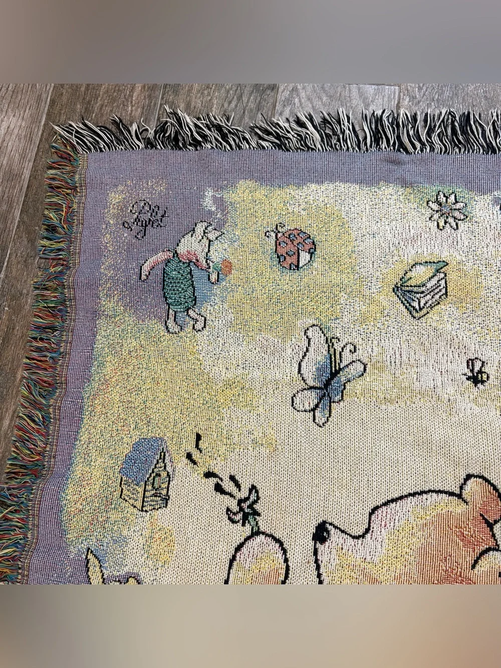 VTG Classic Winnie The Pooh & Piglet Woven Tapestry Throw Fringed Blanket 35x53